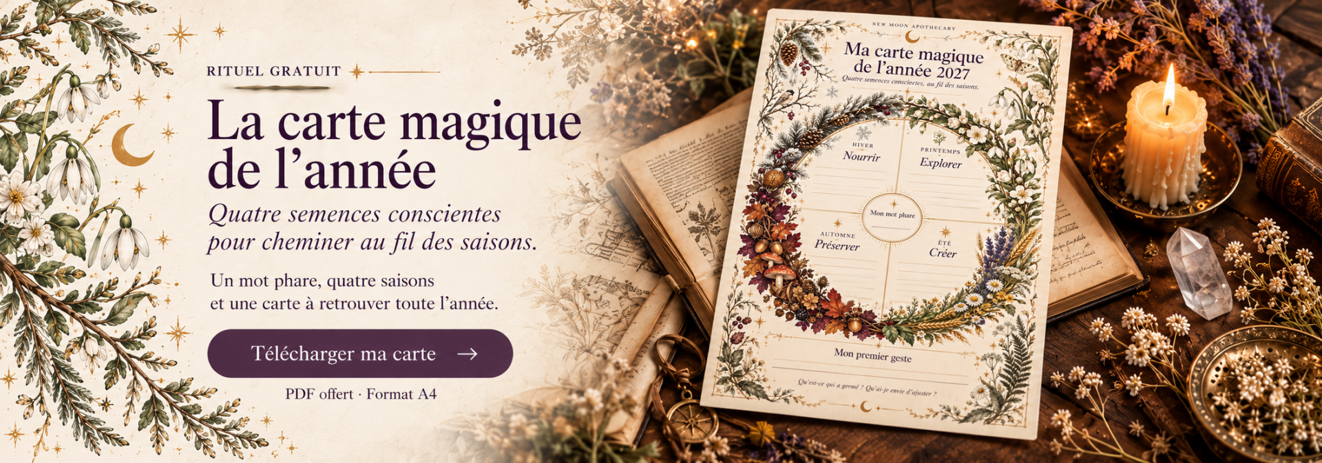 Carte magique des saisons sur grimoire