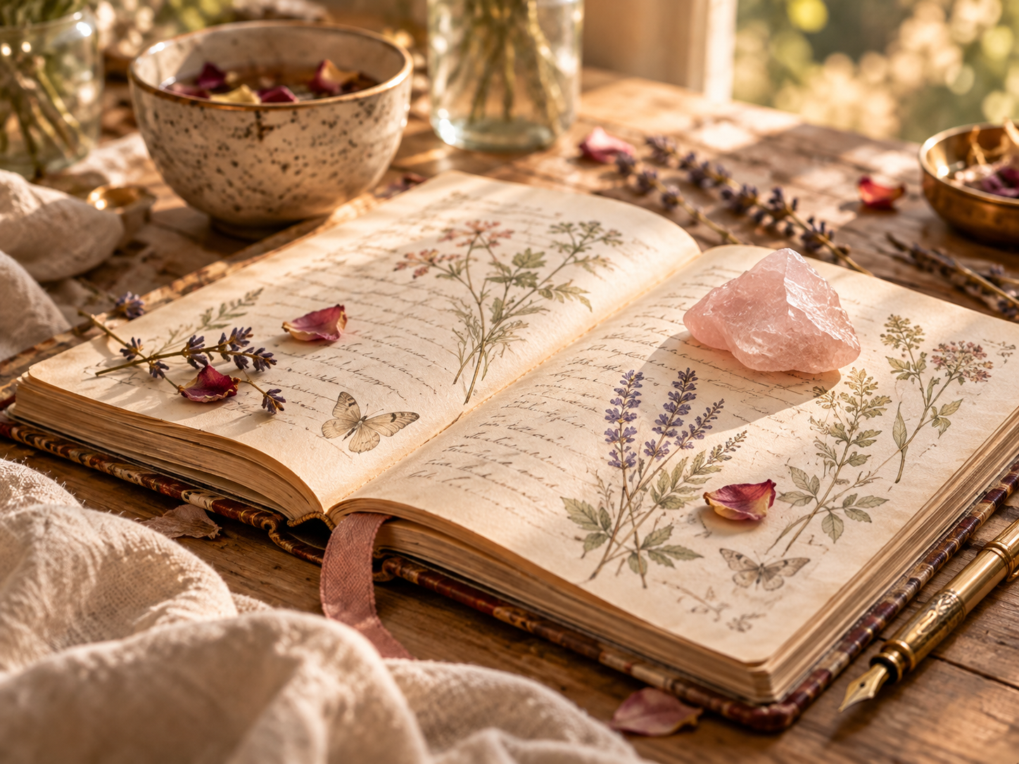 Grimoire ouvert au quartz rose